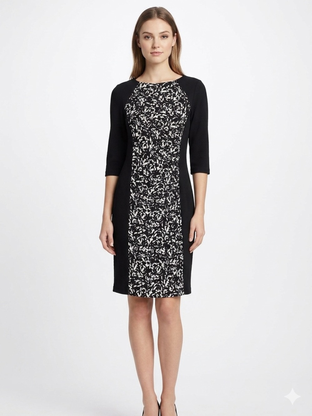 Chaps NWOT Ruched Stretchy Comfy Pull OnBlack & White Printed Paneled Midi Dress